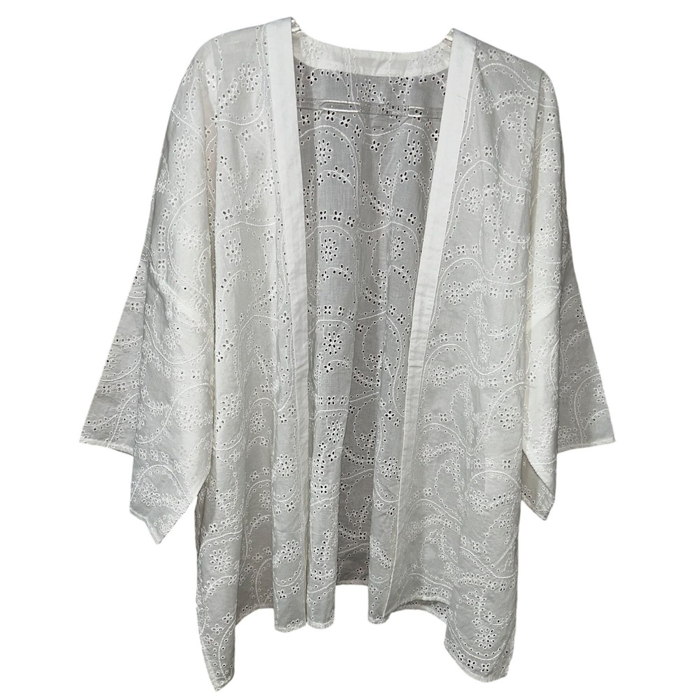 J.Jill Womens White Eyelet Cotton Open Front‎ Cardigan Kimono Jacket Size L